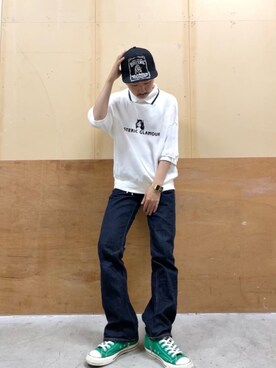 「HYSTERIC GLAMOUR（ヒステリックグラマー）のHYS WHISKY柄 刺繍キャップ（キャップ）」を使った、HOSHIさん（メンズ・168cm）の夏コーディネート