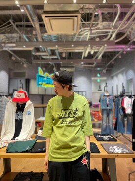 「HYSTERIC GLAMOUR（ヒステリックグラマー）のHYS WHISKY柄 刺繍キャップ（キャップ）」を使った、HOSHIさん（メンズ・168cm）の春コーディネート