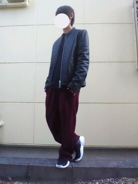 「ワインレッド」｜「アイテム（ライダースジャケット）」を使った、Nisssy＊さん（メンズ・156cm）の秋コーディネート