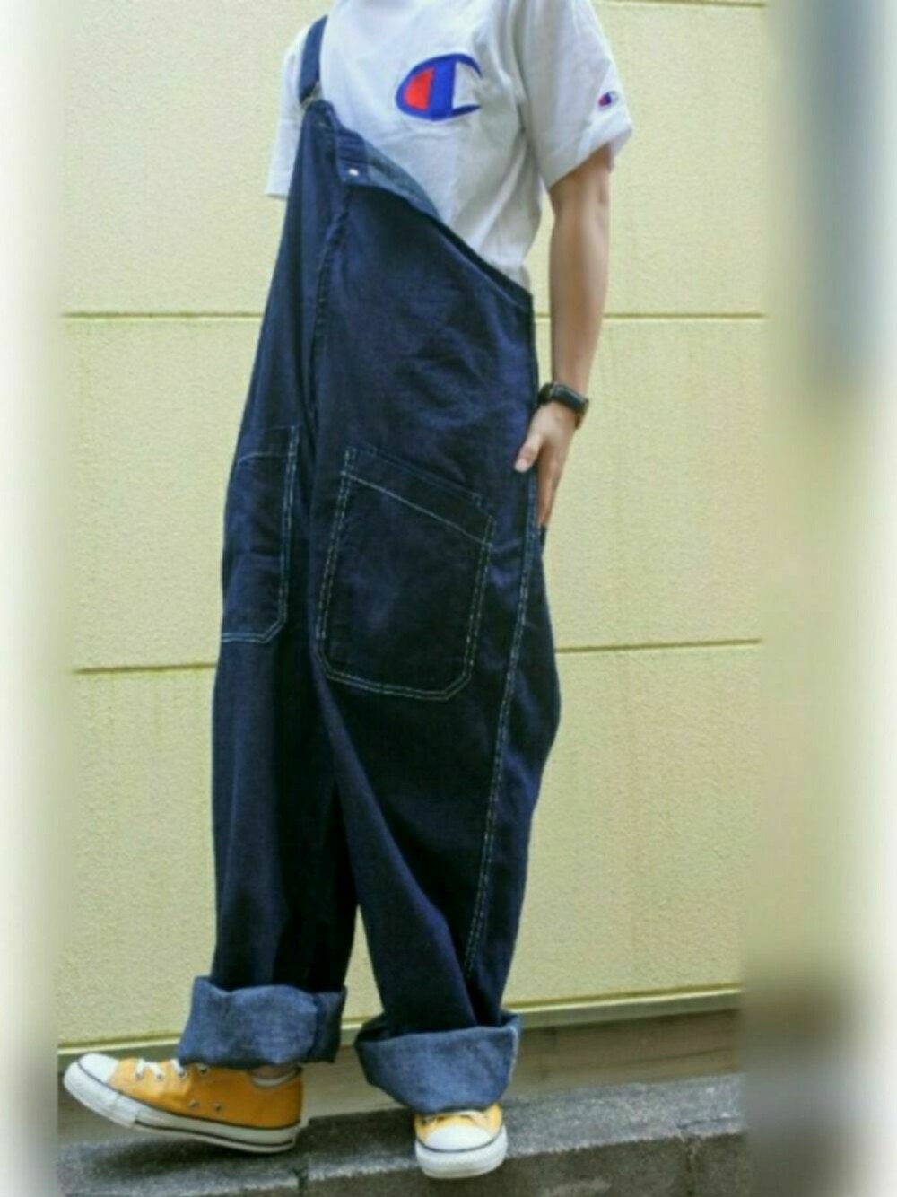「オーバーオール、白Tシャツ、RAGEBLUE、Champion、converse、夏コーデ、シンフルコーデ、ラフコーデ、低身長、おしゃれさんと繋がりたい」｜「ChampionのChampion チャンピオン ティシャツ / Champion T-SHIRT c3-f362-010（Tシャツ/カットソー、ホワイト系）」を使った、Nisssy＊さん（メンズ・156cm）の夏コーディネートの1枚目の写真