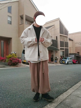 「ベージュ×ブラック」｜「アイテム（ブルゾン）」を使った、Nisssy＊さん（メンズ・156cm）の冬コーディネート