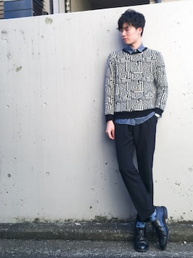 「総柄トップス」｜「アイテム（その他）」を使った、kazさん（メンズ・173cm）の秋コーディネート