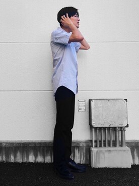 「UNIQLO（ユニクロ）のドライイージーケアドビーシャツ（レギュラーカラー・半袖）（シャツ/ブラウス、ブルー系）」を使った、kazさん（メンズ・173cm）の秋コーディネート