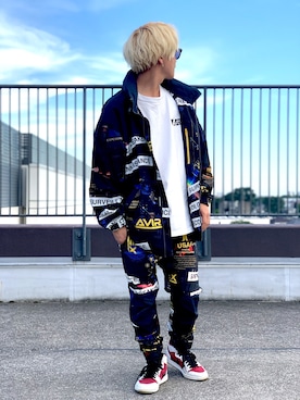 「柄×柄」｜「アイテム（ブルゾン）」を使った、Takuyaさん（メンズ・168cm）の夏コーディネート