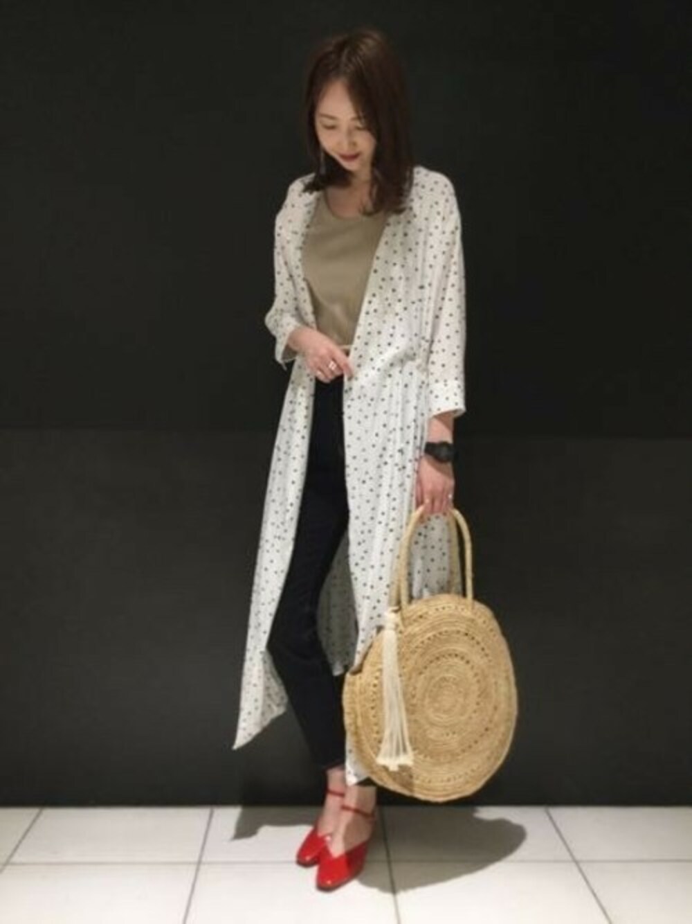 「デニム、カシュクール、ワンピース、ドット、JEANASiS、ジーナシス、タンクトップ、春コーデ、ドット柄ワンピース」｜「JEANASISのドットカシュクールワンピース/795131（ワンピース、ホワイト系）」を使った、runrunさん（レディース・168cm）の春コーディネートの1枚目の写真