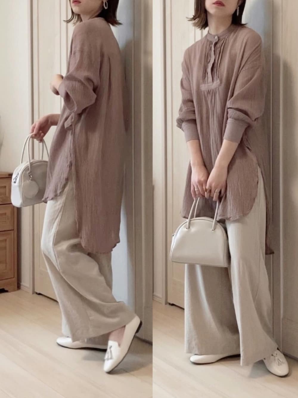 ベージュ系のその他パンツ、ホワイト系のボストンバッグ、ホワイト系のローファーを着用したレディースの春コーディネートの1枚目の写真