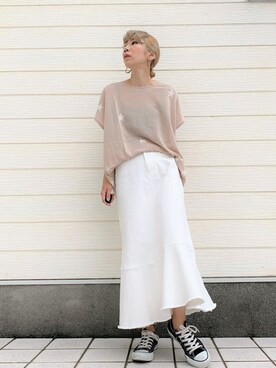 「アイテム（デニムスカート、ホワイト系）」を使った、Q♥Officialさん（レディース・155cm）の夏コーディネート
