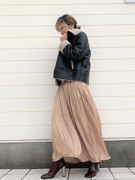 「Q（キュー）のアイテム（ムートンコート）」を使った、Q♥Officialさん（レディース・155cm）の秋コーディネート
