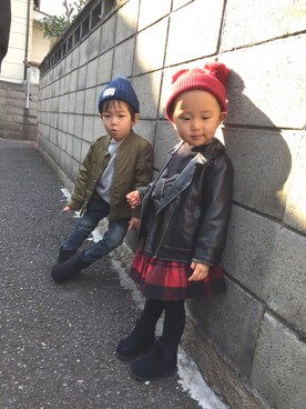 「西松屋（ニシマツヤ）のアイテム（ライダースジャケット）」を使った、nacco⍤⃝さん（キッズ・90cm）の冬コーディネート