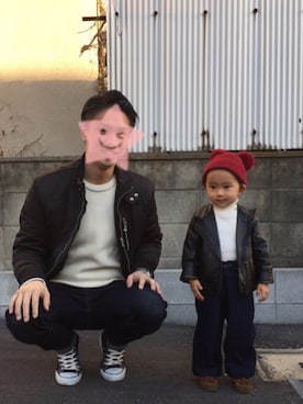 「西松屋（ニシマツヤ）のアイテム（ライダースジャケット）」を使った、nacco⍤⃝さん（キッズ・90cm）の冬コーディネート