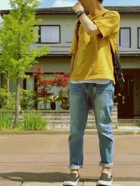 「黒リュック」｜「アイテム（スリッポン）」を使った、solÅtioさん（メンズ・173cm）の夏コーディネート