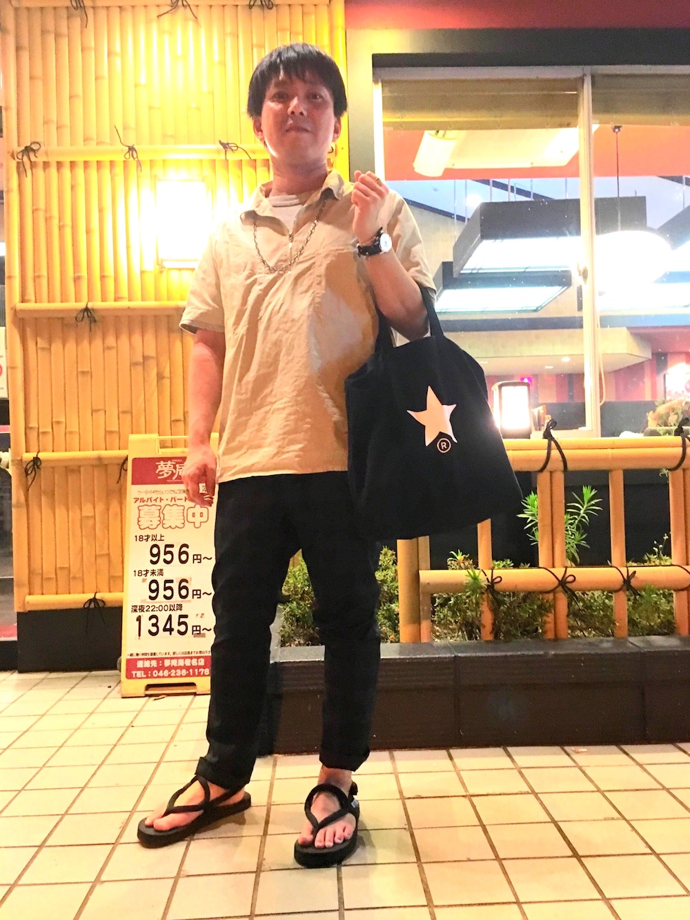 「夏」｜「suicokeのアイテム（サンダル、ブラック系）」を使った、ken_hさん（メンズ・163cm）の夏コーディネートの1枚目の写真