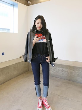 「アイテム（ライダースジャケット）」を使った、DAILYABOUTさん（レディース・164cm）の春コーディネート