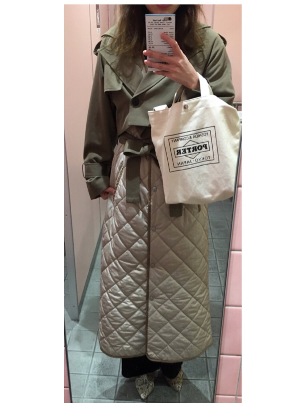 「あめりふく、アメリ、3way、ダウンロングコート」｜「Ameriの3WAY MILITARY LINER COAT（ミリタリージャケット、グリーン系）」を使った、ro.01さん（レディース・165cm）の春コーディネートの1枚目の写真