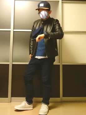 「coen（コーエン）のアイテム（ライダースジャケット）」を使った、shinさん（メンズ・160cm）の春コーディネート