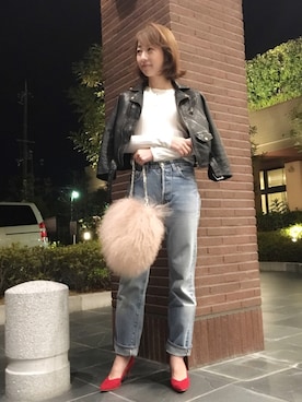 「アラフォーコーデ」｜「アイテム（ライダースジャケット）」を使った、金田麗子さん（レディース・163cm）の冬コーディネート