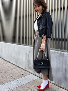 「アラフォーコーデ」｜「アイテム（ライダースジャケット）」を使った、金田麗子さん（レディース・163cm）の冬コーディネート