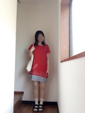 「Design Tshirts Store graniph（デザイン　ティーシャツ　ストア　グラニフ）のボートネックワンピース(ノハラ)（ワンピース、レッド系）」を使った、anさん（レディース・161cm）の夏コーディネート