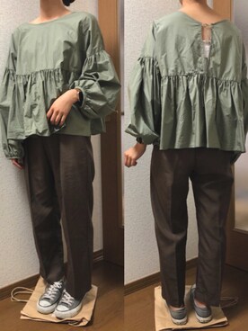 「LOWRYS FARM（ローリーズファーム）のギャザーブラウスＬＳ　893661（シャツ/ブラウス、グリーン系）」を使った、shino🦋さん（レディース・160cm）の秋コーディネート