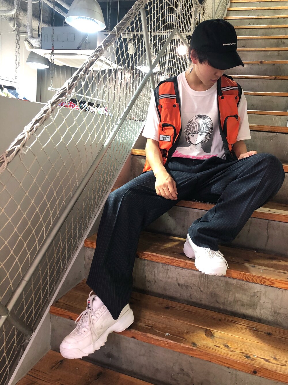 「夏、ストリート、LHP、ベスト、ワイドパンツ、ootd、LHP大阪、KaneZ、flagstuff、電影少女」｜「KaneZのKaneZ/ケインズ/COLOR VEST（ベスト、オレンジ系）」を使った、RIKIKYAさん（メンズ・168cm）の夏コーディネートの1枚目の写真