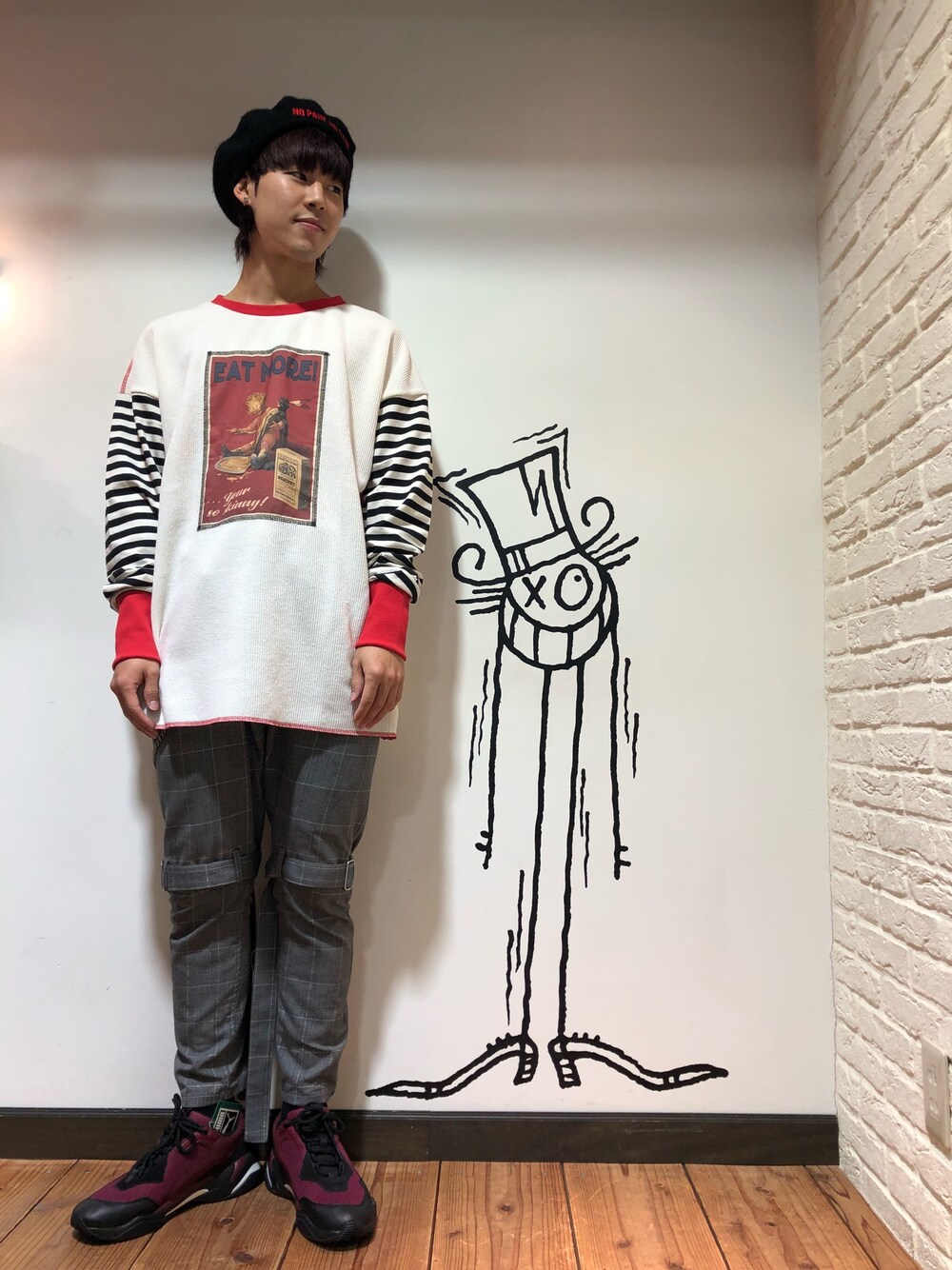 「ニット、ボーダー、ベレー帽、秋のコーデ、LHP、スポーツミックス、ootd、LHP大阪、ポッキーの日」｜「ChicaのCtr1/コントロール/ボーダー切り替えニット（ニット/セーター、レッド系）」を使った、RIKIKYAさん（メンズ・168cm）の秋コーディネートの1枚目の写真