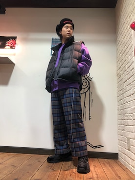 「KaneZ（ケインズ）のアイテム（ハンチング/ベレー帽）」を使った、RIKIKYAさん（メンズ・168cm）の秋コーディネート