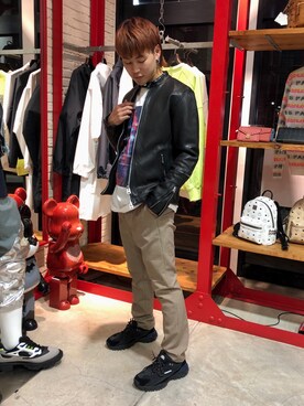 「L.H.P（エルエイチピー）のアイテム（ライダースジャケット）」を使った、RIKIKYAさん（メンズ・168cm）の冬コーディネート