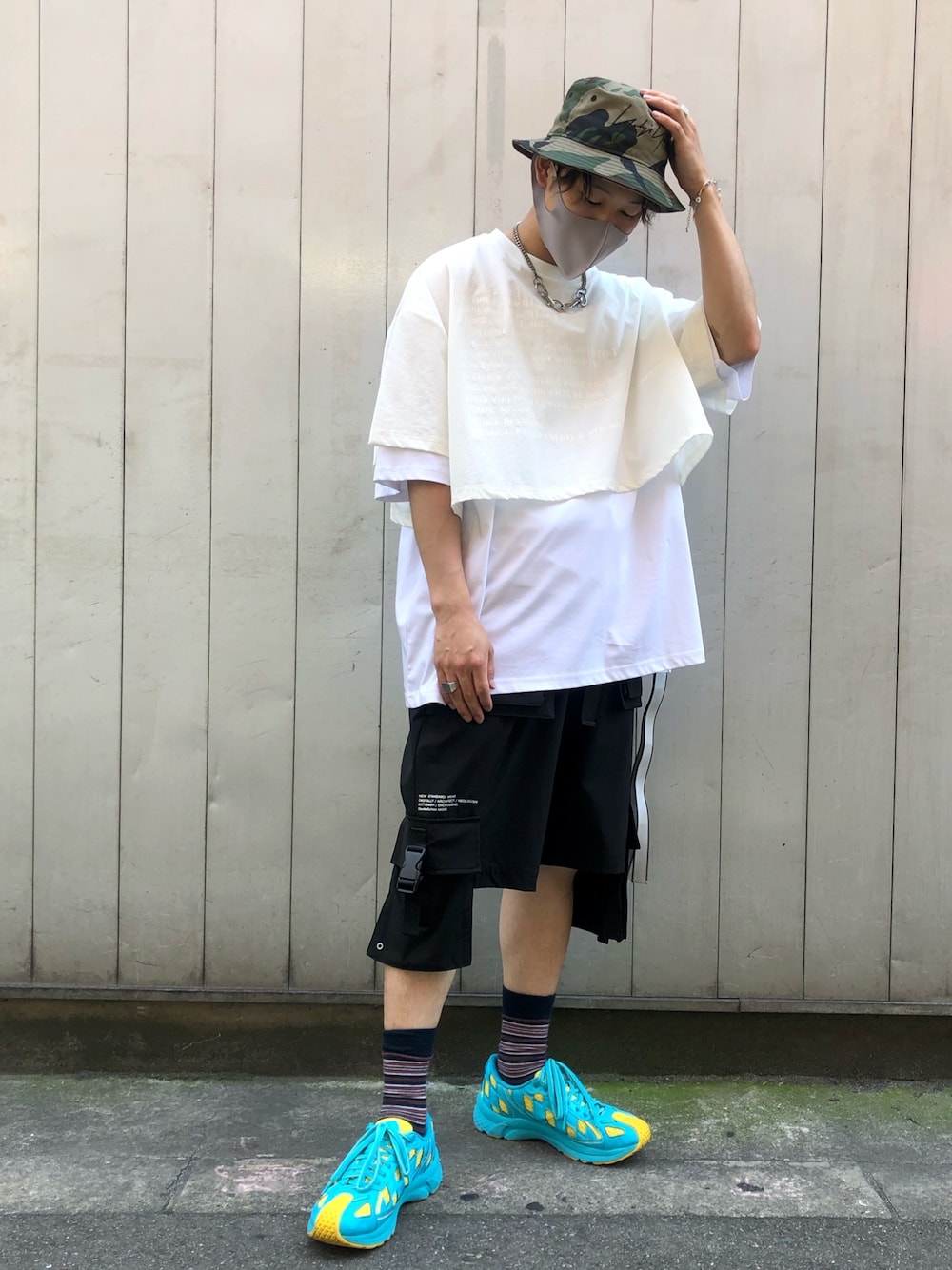 「ビッグシルエット、ホワイト、夏、Tシャツ、LHP、プチプラ、ショーツ、バケットハット、低身長、LHP大阪」｜「DANKE SCHONのDankeSchon/ダンケシェーン/シルケットレイヤードTシャツ（Tシャツ/カットソー、ホワイト系）」を使った、RIKIKYAさん（メンズ・168cm）の夏コーディネートの1枚目の写真