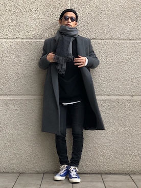 「lot holon（ロットホロン）のアイテム（チェスターコート）」を使った、fukudayさん（メンズ・173cm）の冬コーディネート