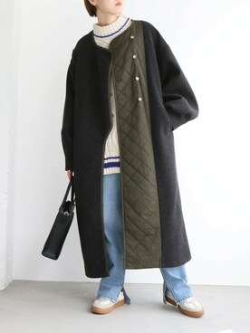 「outfit」｜「アイテム（ノーカラーコート）」を使った、おかださん（レディース・164cm）の冬コーディネート