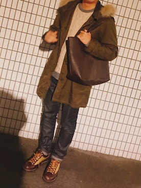 「LOUNGE LIZARD（ラウンジリザード）のアイテム（モッズコート）」を使った、田村さん（メンズ・174cm）の冬コーディネート