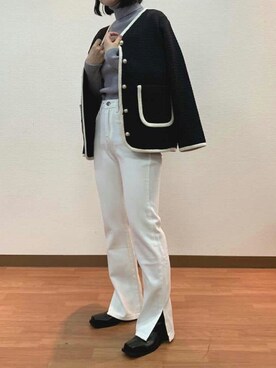 「ホワイトデニム」｜「アイテム（ノーカラージャケット）」を使った、Jewelobeさん（レディース・155cm）の秋コーディネート