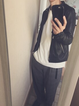 「グレンチェック」｜「アイテム（ライダースジャケット）」を使った、A/Tさん（メンズ・173cm）の秋コーディネート