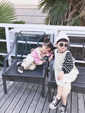 「5（ファイブ）のアイテム（サロペット/オーバーオール）」を使った、小书子4さん（キッズ・90cm）の冬コーディネート