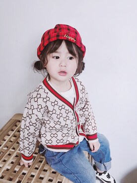 「5（ファイブ）のアイテム（ハンチング/ベレー帽）」を使った、小书子4さん（キッズ・90cm）の冬コーディネート