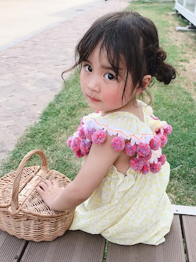 「5（ファイブ）のアイテム（スカート）」を使った、小书子4さん（キッズ・100cm）の夏コーディネート