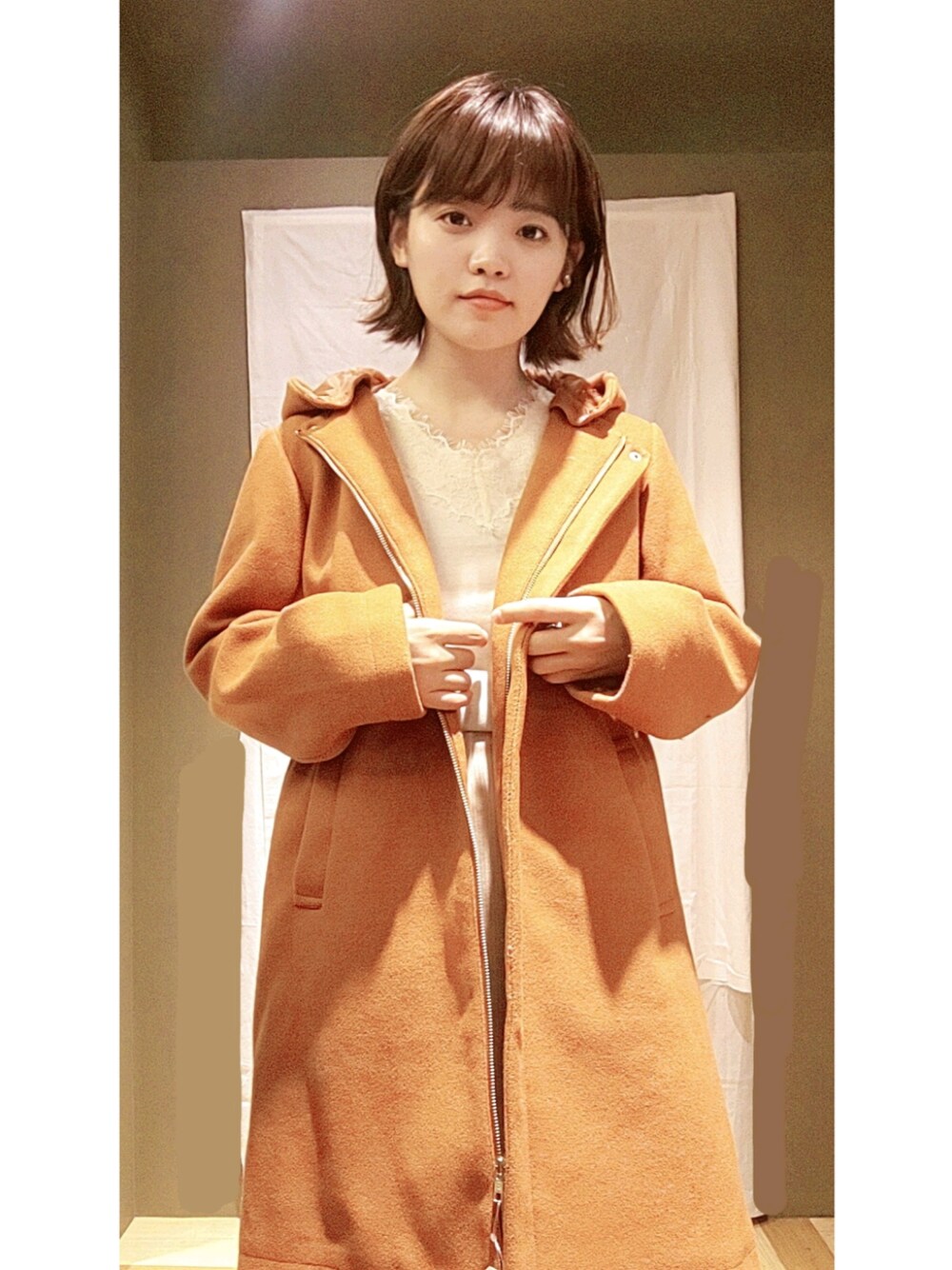「オレンジ、アウター、コート、冬コーデ、低身長コーデ、ootd、Green Parks、earth music&ecology、カジュアルコーデ」｜「Green　Parksの2WAY比翼コート（その他アウター、オレンジ系）」を使った、◎saki◎さん（レディース・150cm）の秋コーディネートの1枚目の写真