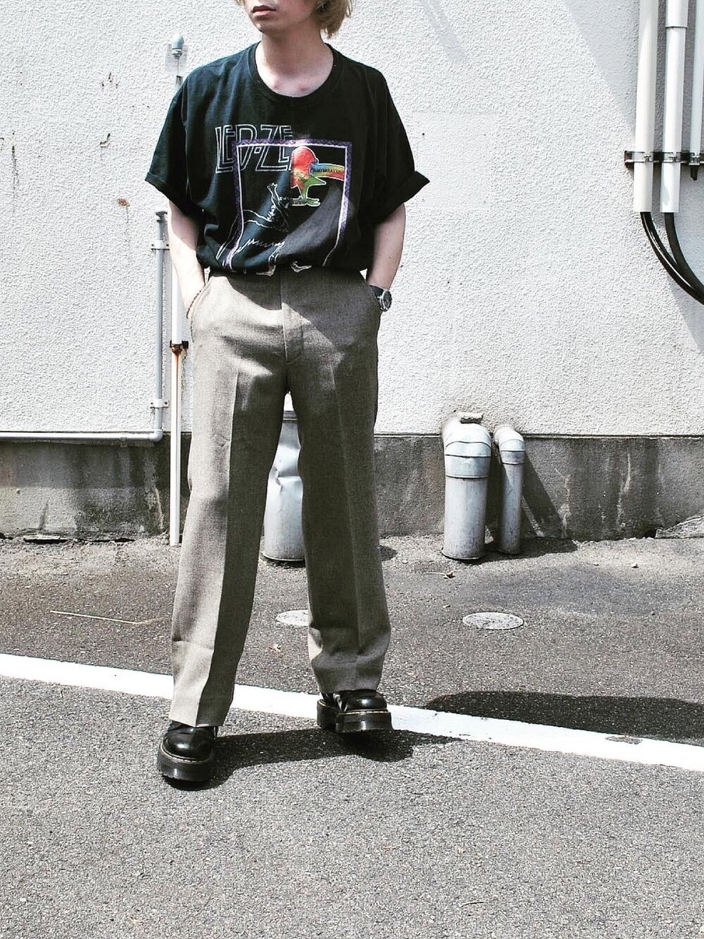 「シンプル、おしゃれさんと繋がりたい、今日のコーデ、ラフ、オーバーサイズ、カジュアル、きれいめカジュアル、ビッグT、shiyoh、u170」｜「HURRAY HURRAYのアイテム（Tシャツ/カットソー、ブラック系）」を使った、RYOTAさん（メンズ・170cm）の夏コーディネートの1枚目の写真