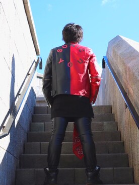 「MISBHV（ミスビヘイブ）のアイテム（ライダースジャケット）」を使った、しょうHEYHEYさん（メンズ・171cm）の冬コーディネート