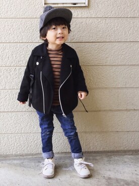 「RADCHAP（ラッドチャップ）のアイテム（ライダースジャケット）」を使った、Su,Um,Riさん（キッズ・90cm）の春コーディネート