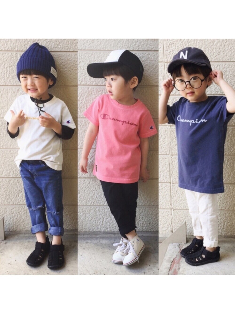 ホワイト系のTシャツ/カットソー、ピンク系のTシャツ/カットソー、ブルー系のTシャツ/カットソーを着用したキッズの春コーディネートの1枚目の写真