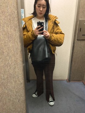 「スリットパンツ」｜「アイテム（ダウンジャケット/コート）」を使った、cfmさん（レディース・159cm）の秋コーディネート