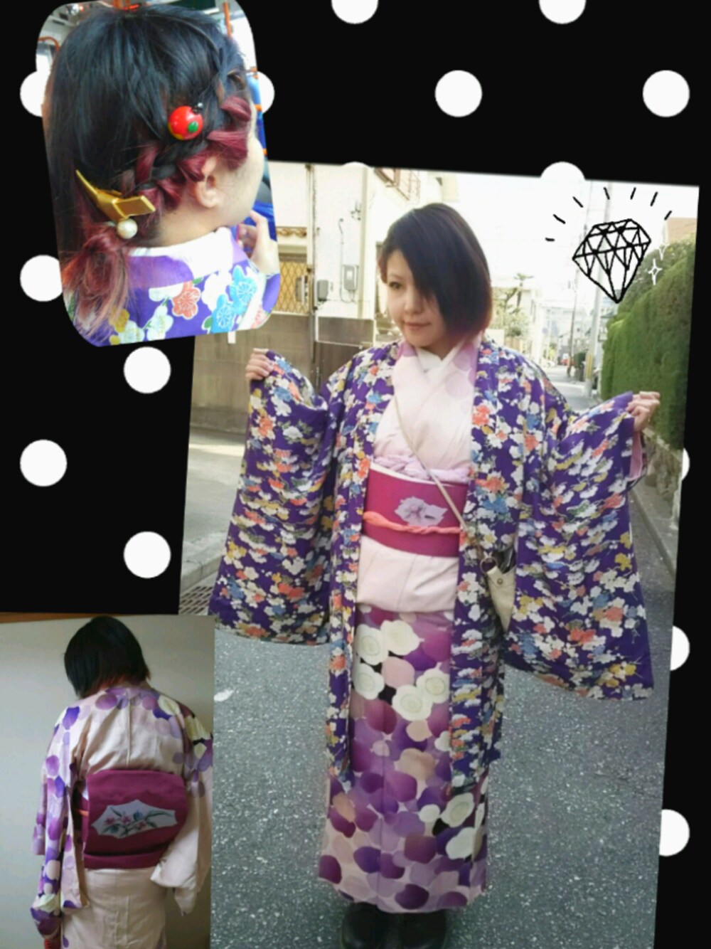 「着物、和装、初詣、派手、紫、マーチン、バレンシアガ、りんご」｜「haco!のアイテム（バレッタ/ヘアクリップ、ゴールド系）」を使った、黒蜜さん（レディース・154cm）の冬コーディネートの1枚目の写真