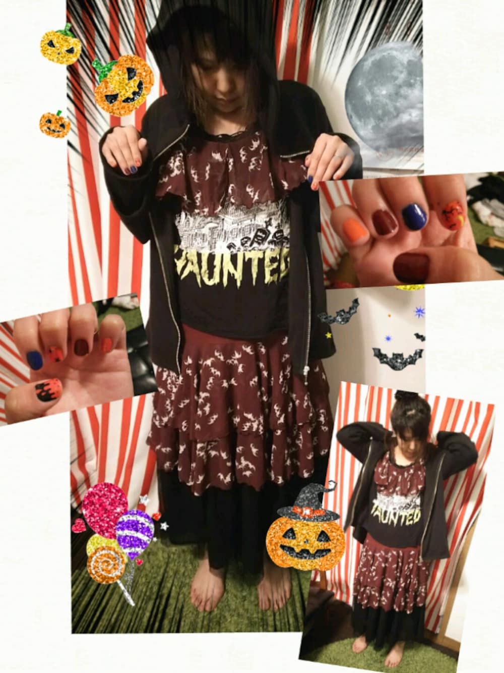「wearhalloween2017、仮装、ハロウィン、コウモリ、イディット(IEDIT)、ヒステリックグラマー、ワールドワイドラブ、ボルドー、ネイル、おうちスタイル」｜「WORLD WIDE LOVE!のアイテム（スウェット、ブラック系）」を使った、黒蜜さん（レディース・154cm）の秋コーディネートの1枚目の写真