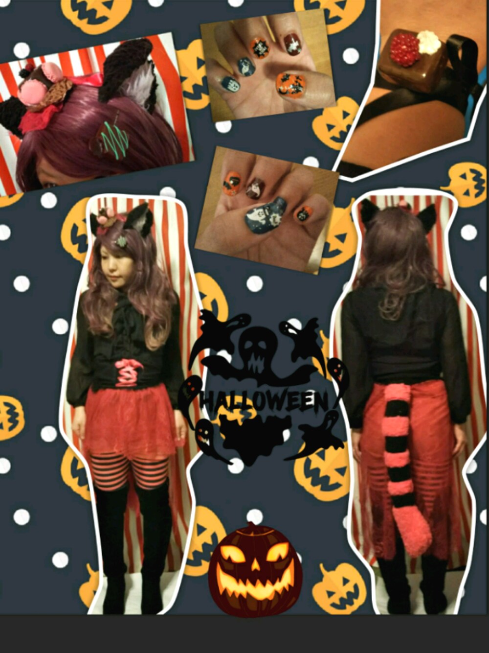 「wearhalloween2018、ハロウィン、チシャ猫、フェイクスイーツ、オリジナル、手作り、コスプレ、しましま」｜「HEXEN HAUSのアイテム（ヘアピン、ブラウン系）」を使った、黒蜜さん（レディース・154cm）の秋コーディネートの1枚目の写真