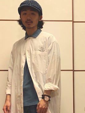 「blue」｜「アイテム（ハンチング/ベレー帽）」を使った、Rickyさん（メンズ・174cm）の夏コーディネート