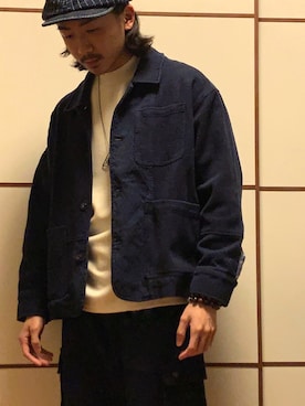 「blue」｜「アイテム（ハンチング/ベレー帽）」を使った、Rickyさん（メンズ・174cm）の冬コーディネート