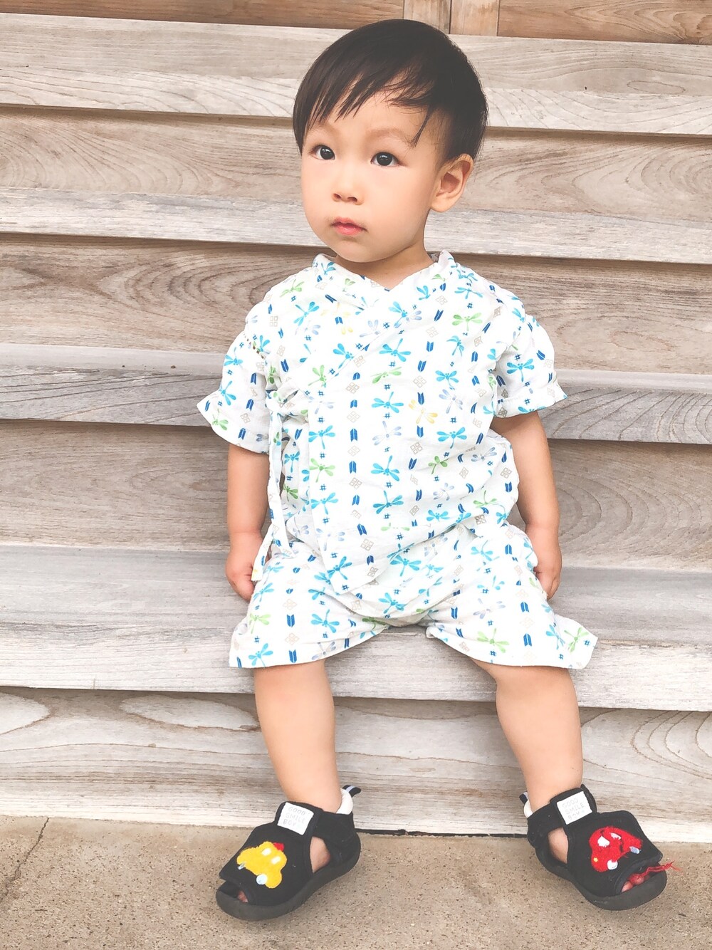 「男の子、甚平、キッズコーデ、おしゃれさんと繋がりたい、浴衣祭り、夏セールで買いました、kids、1歳、夏コーデ、ベビーコーデ」｜「西松屋のアイテム（水着/着物・浴衣、ホワイト系）」を使った、aopsayapさん（キッズ・90cm）の夏コーディネートの1枚目の写真