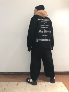 「L.H.P（エルエイチピー）のアイテム（パンツ）」を使った、GO HAMAGUCHIさん（メンズ・184cm）の冬コーディネート