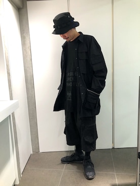 「Yohji Yamamoto（ヨウジヤマモト）のアイテム（帽子）」を使った、GO HAMAGUCHIさん（メンズ・184cm）の春コーディネート